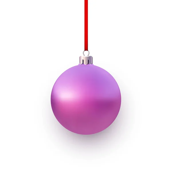 Roze Kerstboom Bal Hangend Aan Rood Lint Witte Achtergrond Vector — Stockvector