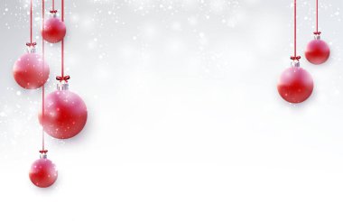 Kırmızı Noel ağacı topları, kırmızı kurdeleler ve karlı arka planda fiyonk asıyor. Vektör tatil illüstrasyonu.