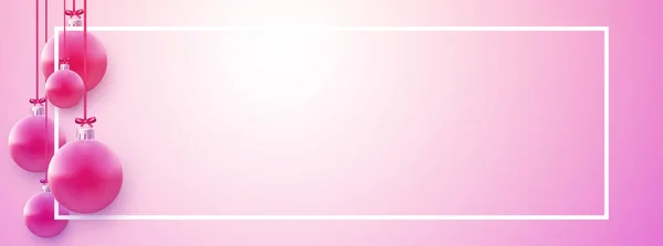 Горизонтальная Рама Розовыми Рождественскими Шарами Висящими Красных Лентах Пространство Текста — стоковый вектор