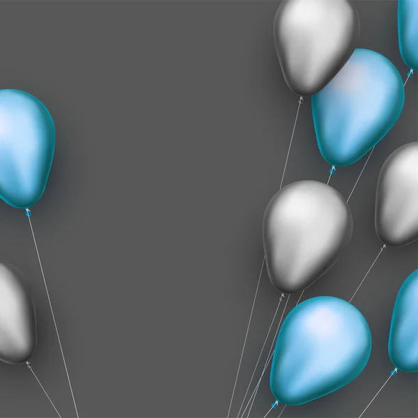 Balões Prateados Azuis Com Fios Fundo Cinza Escuro Espaço Para — Vetor de Stock