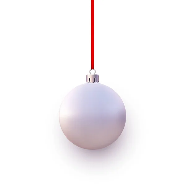 Boule Noël Blanche Mate Accrochée Ruban Rouge Fond Blanc Illustration — Image vectorielle