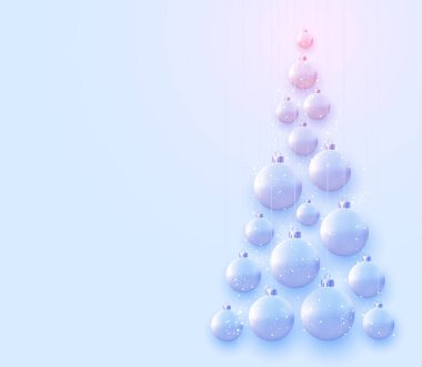 Matt açık mavi ve pembe noel balolarının asılı olduğu üçgen Noel ağacı. Mesaj için yer var. Vektör Festivali illüstrasyonu.