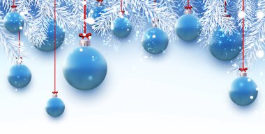 Kırmızı kurdelelerde asılı mavi Noel topları. Beyaz ladin dalları ve kar taneleri. Beyaz arka plan. Vektör Festivali illüstrasyonu.
