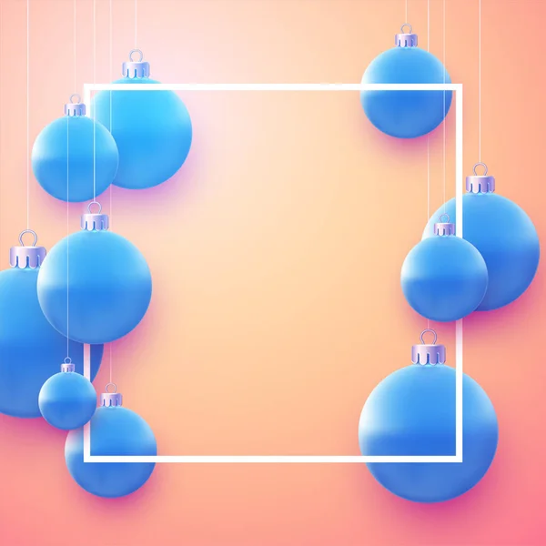 青いクリスマスの泡が糸にかかっている正方形のラウンドフレーム テキスト用のスペース ベクターのお祝いイラスト — ストックベクタ