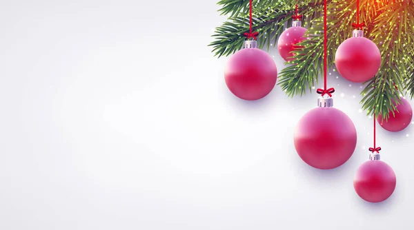 Bolas Natal Rosa Matt Penduradas Fitas Vermelhas Com Arco Ramos — Vetor de Stock