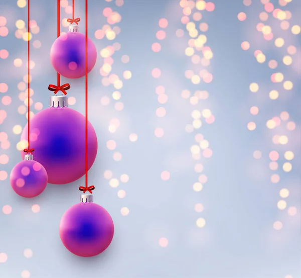 Blue Purple Gradient Christmas Balls Hanging Red Ribbons Bow Bokeh — Stock Vector