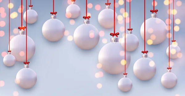 赤いリボンに弓で吊るされたマットライトパープルのクリスマスボール ボケの背景 ベクターのお祝いイラスト — ストックベクタ