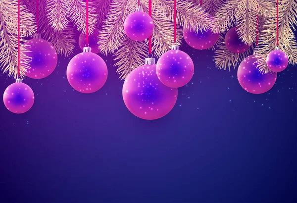 紫と青のグラデーションのクリスマスボールが赤いリボンにかかっています 黄金のトウヒの枝 濃い青の背景 ベクターのお祝いイラスト — ストックベクタ