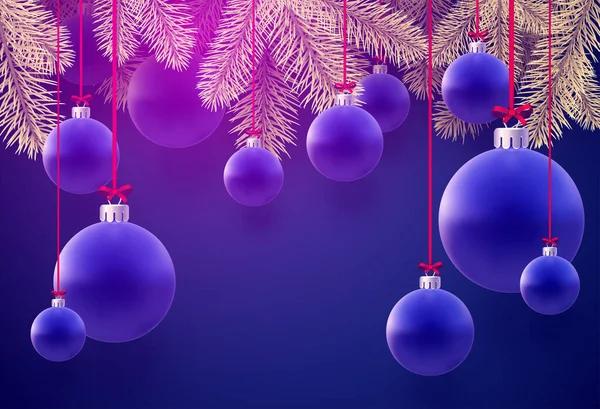 马特的深蓝色圣诞球挂在红色缎带上 黄金云杉分枝 深蓝色背景 媒介节庆图解 — 图库矢量图片
