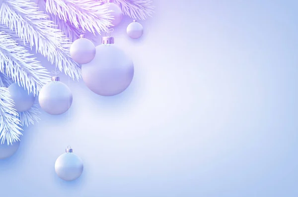 Matt Ljusblå Julbollar Hängande Trådar Vita Grankvistar Ljusblå Bakgrund Utrymme — Stock vektor