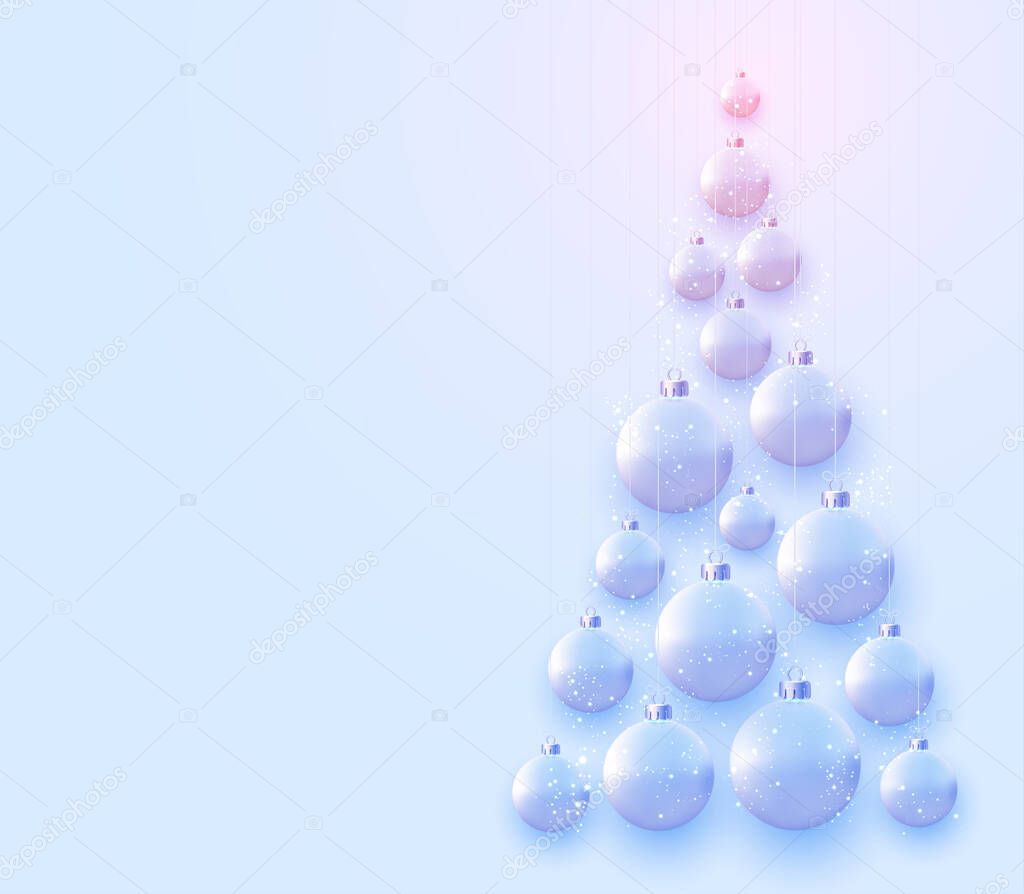 Triangle christmas tree with matt light blue and pink christmas balls hanging on threads. Space for text. Vector festive illustration.