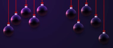 Matt koyu menekşe Noel süsleri kırmızı kurdelelerde asılı. Siyah arka plan. Vektör Festivali illüstrasyonu.