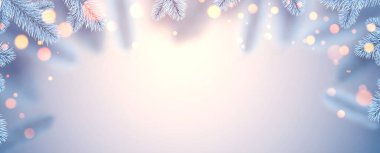 Bokeh ışıkları olan donmuş beyaz ladin dalları. Kartlar, el ilanları, afişler ve posterler için kış Xmas dekorasyonu. Vektör illüstrasyonu. 