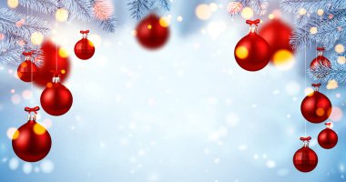 Bokeh ışıkları olan donmuş beyaz ladin dalları. Kırmızı takılar. El ilanları ve afişler için kış Xmas madalyası. Vektör illüstrasyonu. 