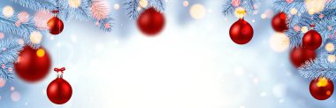 Bokeh ışıkları olan donmuş beyaz ladin dalları. Kırmızı takılar. El ilanları ve afişler için kış Xmas madalyası. Vektör illüstrasyonu. 