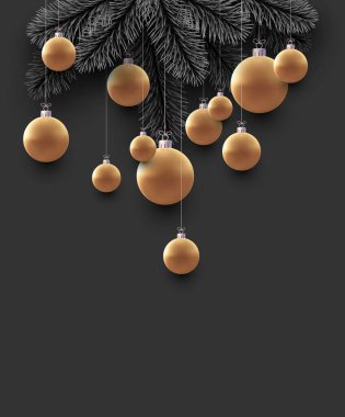 Gerçekçi Xmas altın mücevherleri ve ladin dalları. Yeni yıl ilanı, poster, kart, broşür. Mesaj için yer var. Vektör Festivali illüstrasyonu.