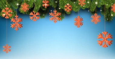 Portakal, üç boyutlu kar taneleri ve ladin dallarından sarkıyor. Parlak ışıklar. Xmas dekorasyonu. Vektör Festivali illüstrasyonu.