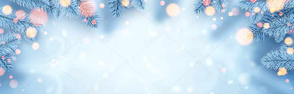 Frozen white spruce branches with bokeh lights. Winter Xmas decoration for cards, flyers, banners, posters. Vector illustration. 