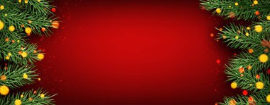 Kırmızıda parlak ışıkları olan yeşil ladin dalları. Kağıtlar, el ilanları, afişler, posterler için kış yılbaşı süsü. Vektör illüstrasyonu. 