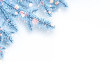 Donmuş açık mavi ladin dalları ve bokeh ışıkları. Kağıtlar, el ilanları, afişler, posterler için kış yılbaşı süsü. Vektör illüstrasyonu. 