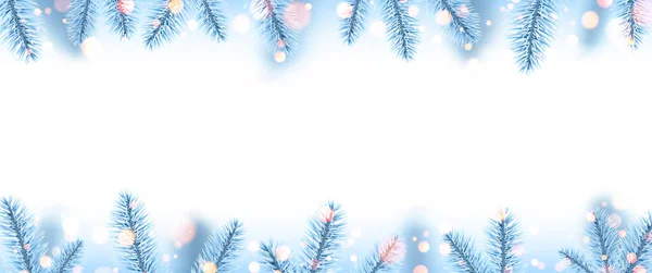 Bevroren Lichtblauwe Sparren Takken Met Bokeh Lichten Winter Kerstversiering Voor — Stockvector