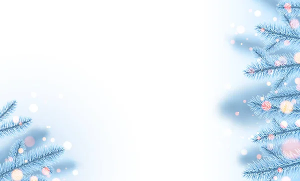 Gefrorene Hellblaue Fichtenzweige Mit Bokeh Licht Winterliche Weihnachtsdekoration Für Karten — Stockvektor