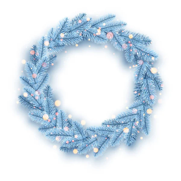 Couronne Sapin Bleu Clair Congelée Avec Lumières Bokeh Décoration Noël — Image vectorielle