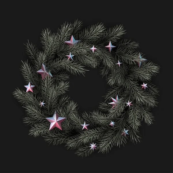 Couronne Épinette Verte Avec Étoiles Décoration Noël Hiver Pour Cartes — Image vectorielle