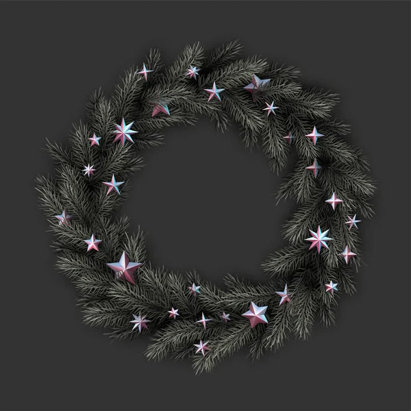 Couronne Épinette Verte Avec Étoiles Décoration Noël Hiver Pour Cartes — Image vectorielle