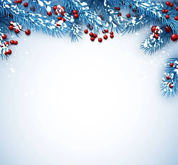 Fond Bleu Sapin Noël Avec Des Baies Rouges Espace Pour — Image vectorielle