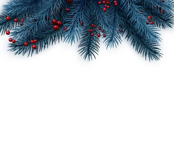 Kerst Blauwe Sparren Achtergrond Met Rode Bessen Ruimte Voor Tekst — Stockvector