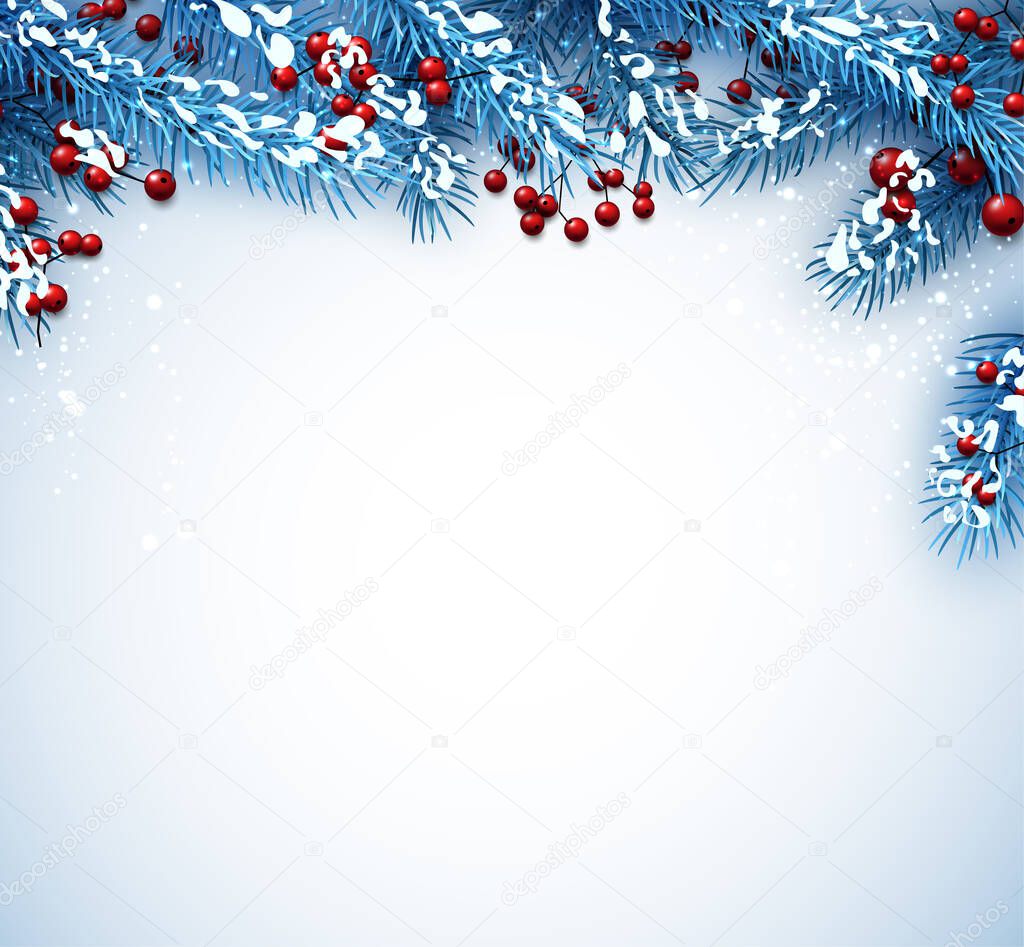 Blue christmas fir tree background with red berries and space for text. Vector illustration.