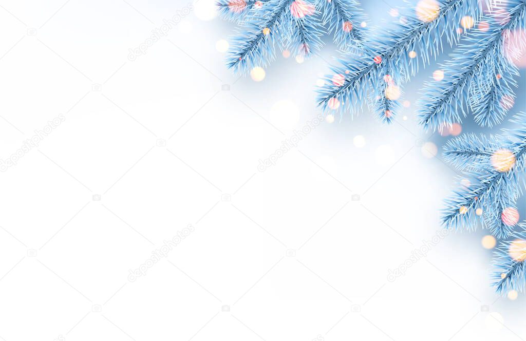 Frozen light blue spruce branches with bokeh lights. Winter christmas decoration for cards, flyers, banners, posters. Vector illustration. 