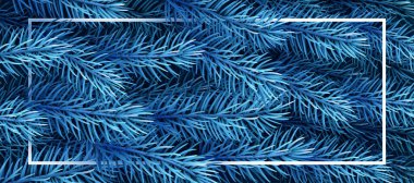 Mavi ladin dallarının arka planında kare çerçeve. Pankart şablonu. Vektör tatil illüstrasyonu.