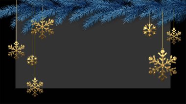 Mavi ladin dalları. Asılı altın kar taneleri. Mesaj için yer var. Vektör tatil illüstrasyonu.