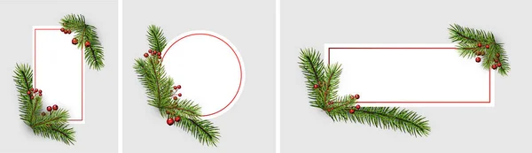 Sada Vánočních Rámů Rovně Dokola Smrkové Větve Cesmínami Obrázek Vektorových — Stockový vektor