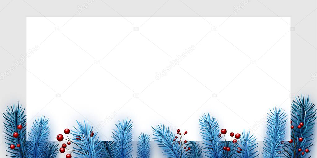 Blue spruce branches with red holly berries border. White square frame on light grey background. Vector holiday illustration.