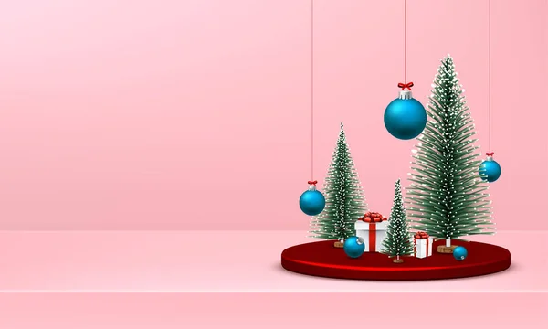 Árvores Natal Com Caixas Presente Carrinho Redondo Vermelho Pendurar Balões — Vetor de Stock