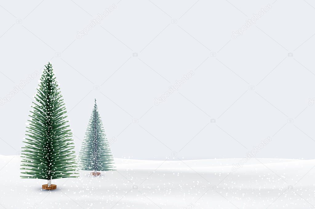 Snowy winter landscape with Christmas trees. Falling snow, snowdrift. Space for text. Vector illustration