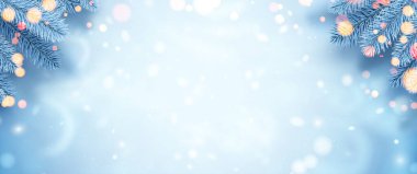 Donmuş mavi ladin dalları. Bokeh ışıkları. Mesaj için yer var. Kış Xmas vektör illüstrasyonu.