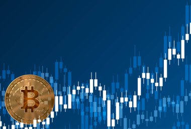 Büyüme grafiği olan altın kripto bitcoin para birimi. Mavi arka plan. Poster, afiş. Vektör illüstrasyonu.