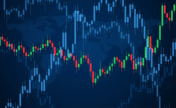 Streszczenie Wykresów Finansowych Świecznik Tło Mapy Świata Niebieskie Tło Ilustracja — Wektor stockowy