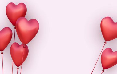 Kırmızı kalp şeklinde uçan balonlar pembe arka planda. Tatil, doğum günü posteri, afiş, kart. Vektör illüstrasyonu.