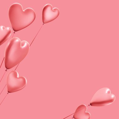 Gerçekçi 3 boyutlu kalp balonları olan pembe bir arka plan. Vektör illüstrasyonu. 