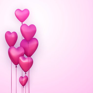 Gerçekçi 3 boyutlu kalp balonları olan pembe bir arka plan. Vektör illüstrasyonu. 