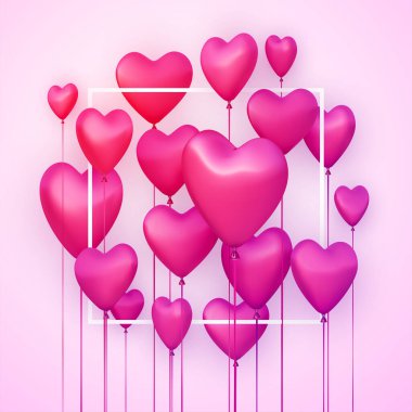 Gerçekçi 3D kalp balonları olan pembe kare arkaplan. 