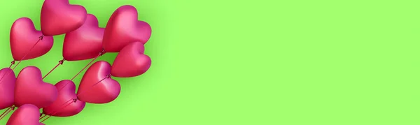 Bannière Verte Avec Ballons Réalistes Coeur Rose Illustration Vectorielle — Image vectorielle