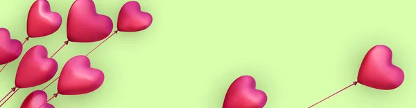 Зеленый Баннер Реалистичными Розовыми Шариками Сердца Векторная Иллюстрация — стоковый вектор