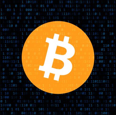 Bitcoin şifreli para birimi. Soyut ikili arkaplan. Vektör illüstrasyonu.