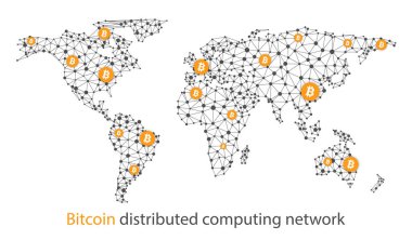 Bitcoin şifreli para birimi. Soyut kablo şeması küresel ağ arka planı. Vektör illüstrasyonu.